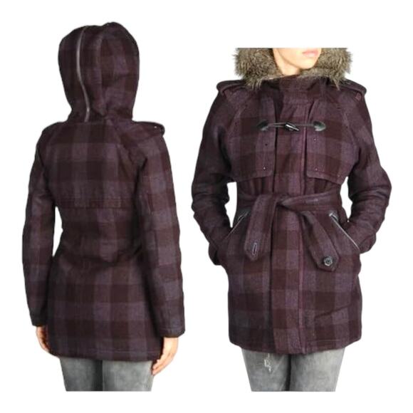 DIESEL Genuine Sheep Fur Wool Convertible Hood Plaid Parka Coat Jacket Maroon S - Picture 2 of 12
